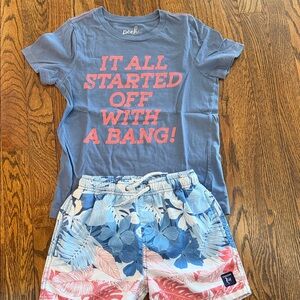Peek Blue Tee with endless summer swim shorts, size 6/7